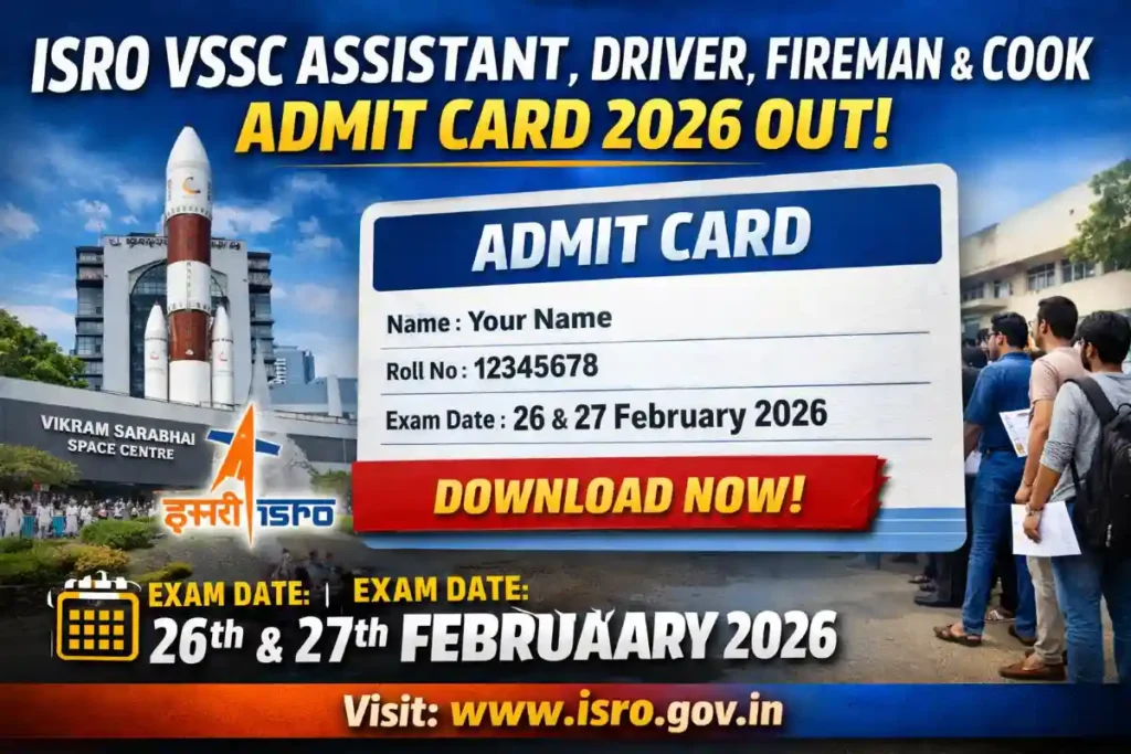 ISRO Admit Card 2026 Out – ISRO VSSC Assistant, Driver, Fireman & Cook Hall Ticket Download