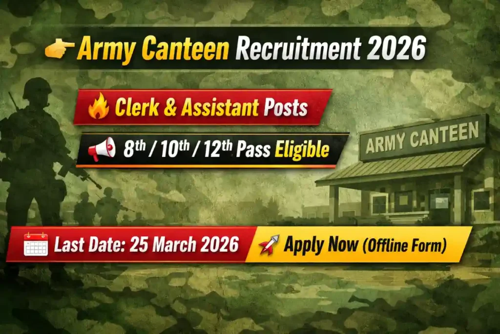 Army Canteen Recruitment 2026: It has announced Army Canteen Recruitment 2026 notification of several positions such as Clerk, Assistant, Store Keeper, Accountant, and others. This recruitment can be done by the candidates who have attended 8th, 10 th or 12 th. Interested individuals should present their application form within the last date 25 March 2026. This is a great opportunity for candidates looking for defence-related government jobs without any application fee. 📌 Army Canteen Recruitment 2026 Overview Organization Name: Sub Joginder Singh, PVC, ESM Canteen, Nawanshahr Post Name: Clerk, Assistant, Store Keeper, Accountant & Others Total Posts: Various Application Mode: Offline Start Date: 05 March 2026 Last Date: 25 March 2026 Educational Qualification Candidates applying for Army Canteen Recruitment 2026 must have: 8th Pass / 10th Pass / 12th Pass from a recognized board Equivalent qualification accepted 👉 For detailed qualification, check official notification. Age Limit Minimum Age: 18 Years Maximum Age: 55 Years Age Relaxation: SC/ST: 5 Years OBC: 3 Years Vacancy Details The recruitment includes the following posts: Store Keeper UDC Clerk Accountant Assistant Manager Billing Clerk Helper Who Can Apply? Candidates from All India Male & Female both eligible Salary Details Salary will be provided as per government rules Application Fee General / OBC: ₹0 SC / ST / Women / EWS / PwBD / Ex-Servicemen: ₹0 👉 No application fee for any category. Selection Process Candidates will be selected based on: Shortlisting Physical Test Medical Test Document Verification Final Merit List Required Documents Passport size photo & signature Educational certificates Caste certificate Domicile certificate Aadhaar card How to Apply (Offline Process) Follow these steps to apply: Visit the official website Download the application form Fill in all required details carefully Attach necessary documents Recheck the form Send the form via Speed Post / Registered Post 📍 Postal Address To The Commandant 223 ABOD PIN-901197 C/o 56 APO 📌 Write on envelope: “APPLICATION FOR THE POST OF ________” Important Date Last Date to Apply: 25 March 2026 👉 Make sure your form reaches before the deadline. 🔗 Important Links Application Form – Available in notification Official Website – Visit for updates ❓ FAQs Q1. What is the last date to apply for Army Canteen Recruitment 2026? 👉 25 March 2026 Q2. What is the application fee? 👉 No fee for all categories Q3. Who can apply? 👉 8th, 10th, 12th pass candidates Q4. What is the selection process? 👉 Shortlisting, Physical Test, Medical & Document Verification ⚠️ Disclaimer This paper is merely informative. It is recommended that the candidate must verify all details provided in the official notification and then apply.
